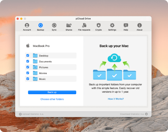 You will be able to use pCloud Drive to back up and sync your files.