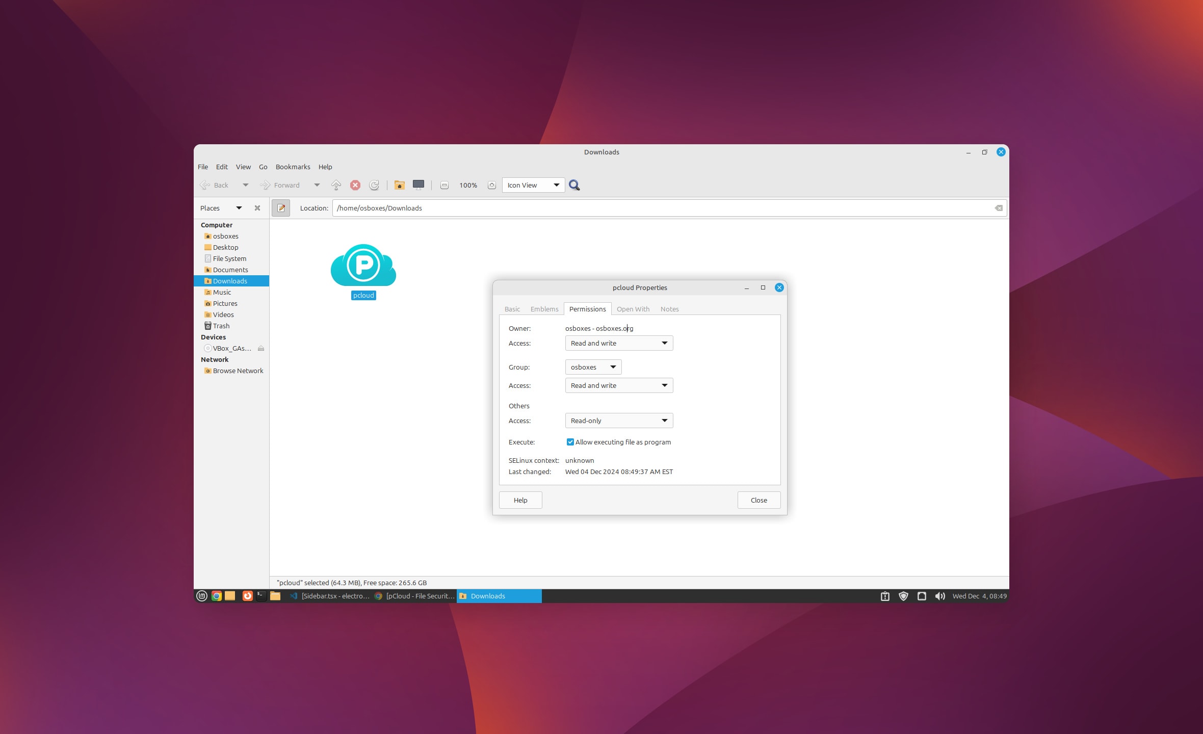 Faites un clic droit sur le fichier pCloud.AppImage. Cliquez sur Propriétés dans le menu contextuel. Accédez à Autorisations, rendez-le Exécutable et exécutez-le.