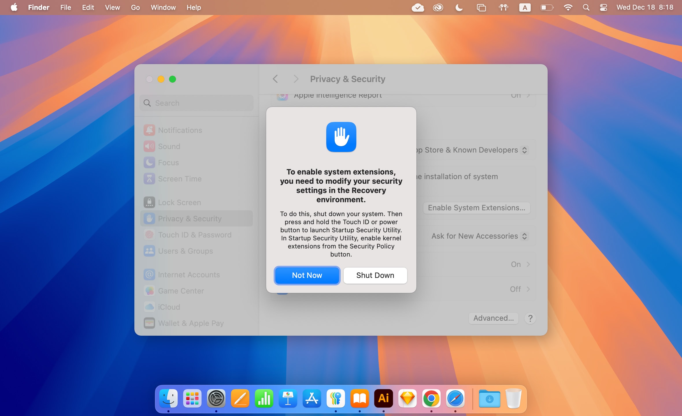 請開啟系統設定以完成啟用。 Silicon 使用者：關機並進入恢復模式（Recovery Mode）。Intel  使用者：重新啟動您的 Mac 即可設定完成。略過步驟 4 至 12。
