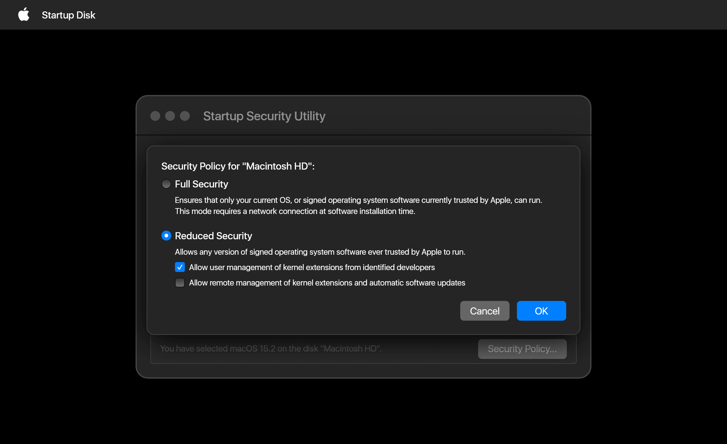 Choose "Allow user management of kernel extensions from identified developers" from Reduced Security in the pop-up window and click OK.