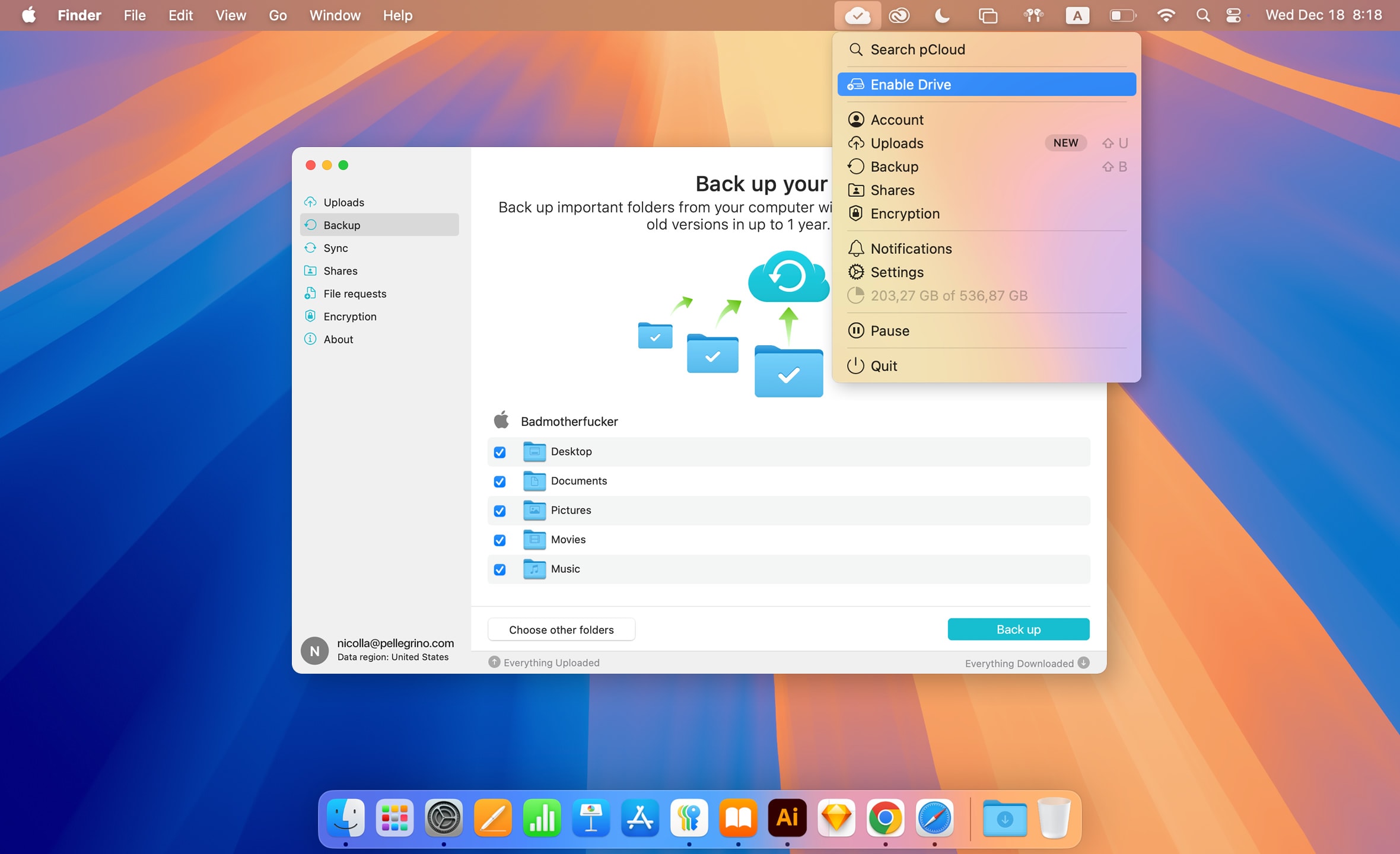 Pulsa el icono de pCloud Drive en la barra de tareas de tu Mac y selecciona "Habilitar Drive".