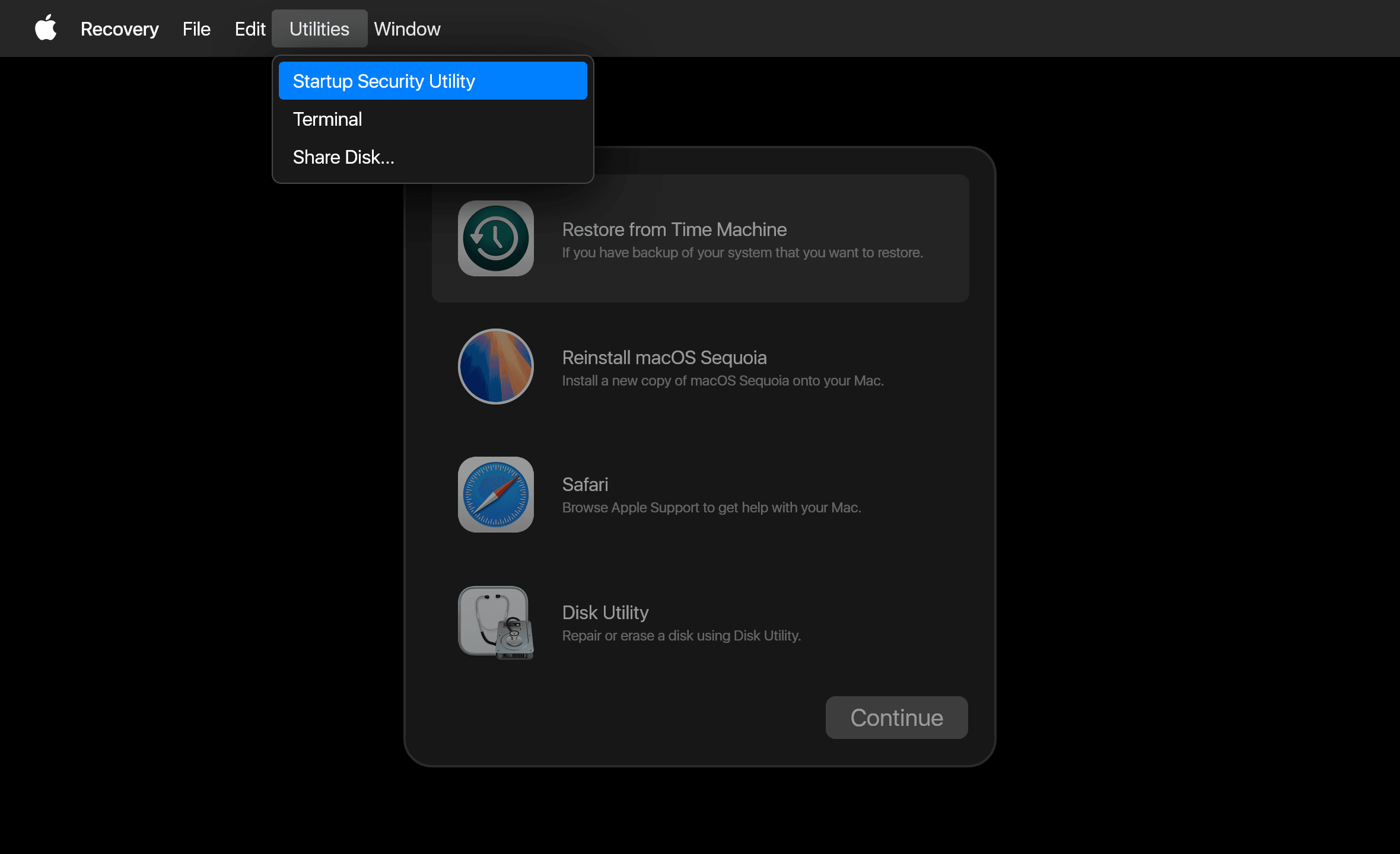 Go to Utilities in the top menu > Startup Security Utility.
