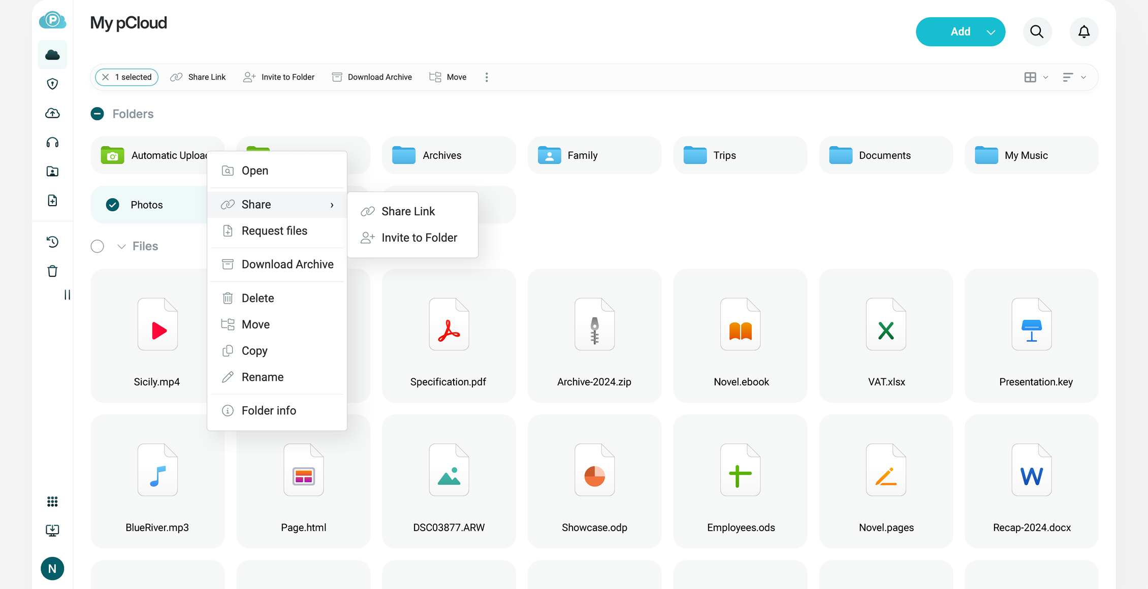 pCloud file sharing — password-protected links and shared folders